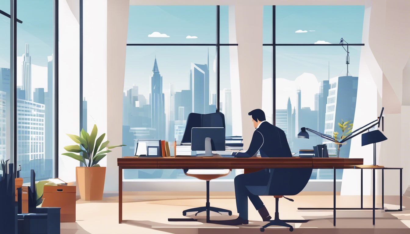 Een professionele accountant werkt in een rustige kantooromgeving met uitzicht op de stad.