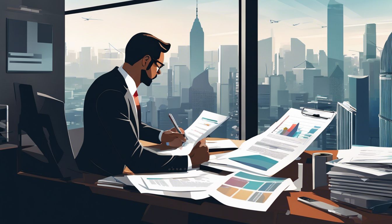Een zakenman bestudeert financiële documenten in een moderne kantooromgeving.