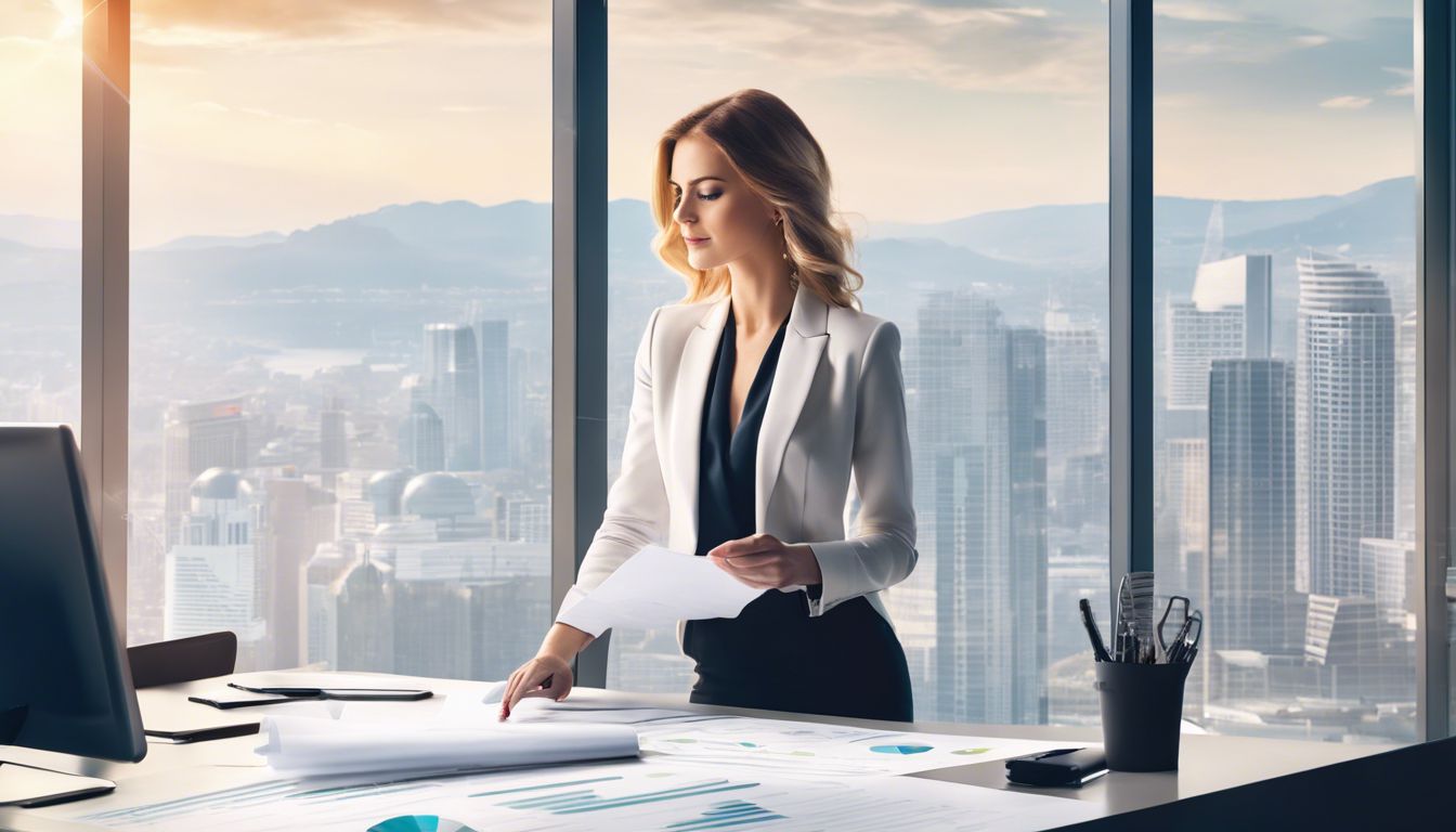 Een vrouwelijke ondernemer analyseert financiële documenten in een modern kantoor met stadsgezicht.