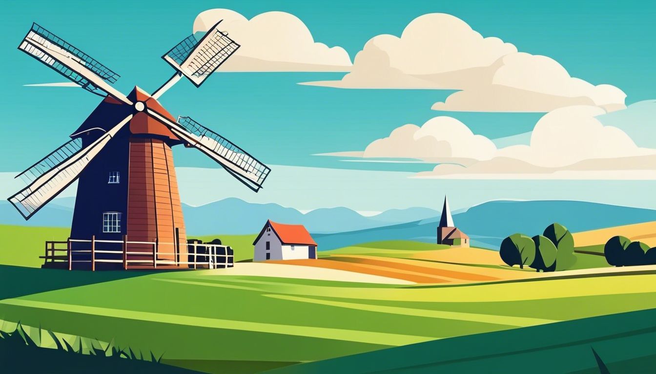 Een rustig plattelandslandschap met een oude windmolen als middelpunt.