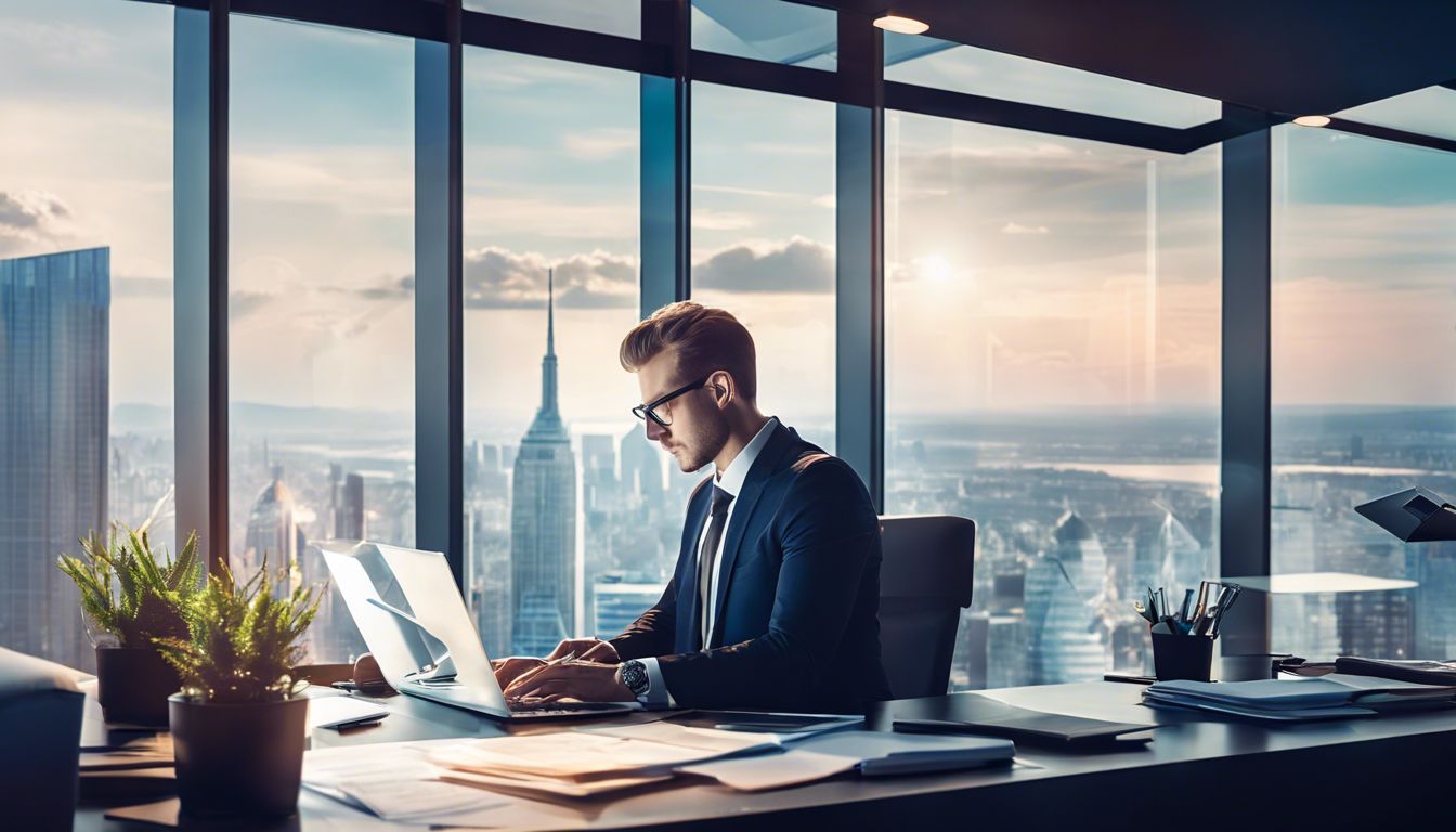 Een persoon werkt geconcentreerd in een modern kantoor met financiële documenten.