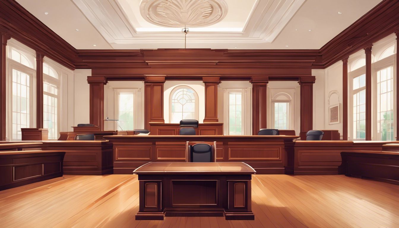 De binnenkant van een rechtszaal met georganiseerde juridische documenten op de rechterbank.