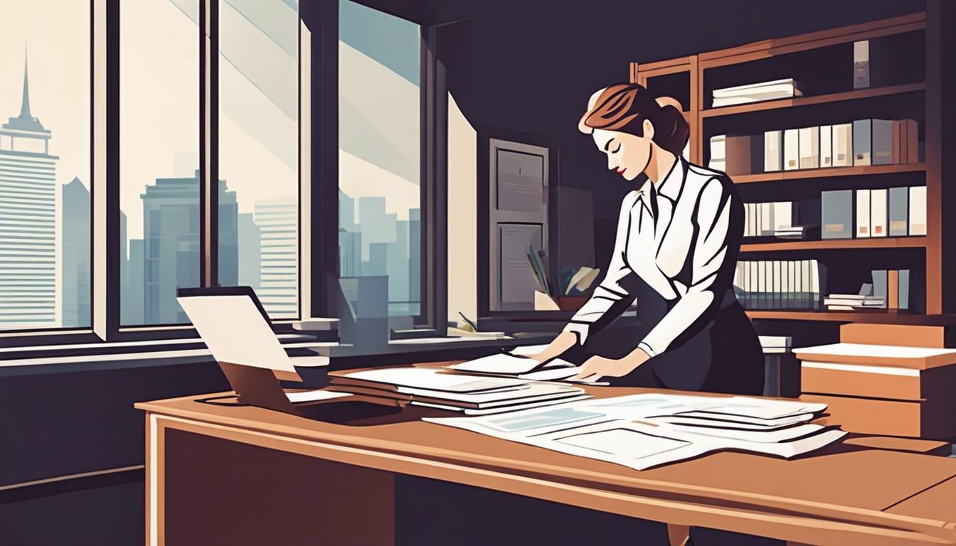 Een persoon organiseert papierwerk en financiële documenten op een modern kantoor.