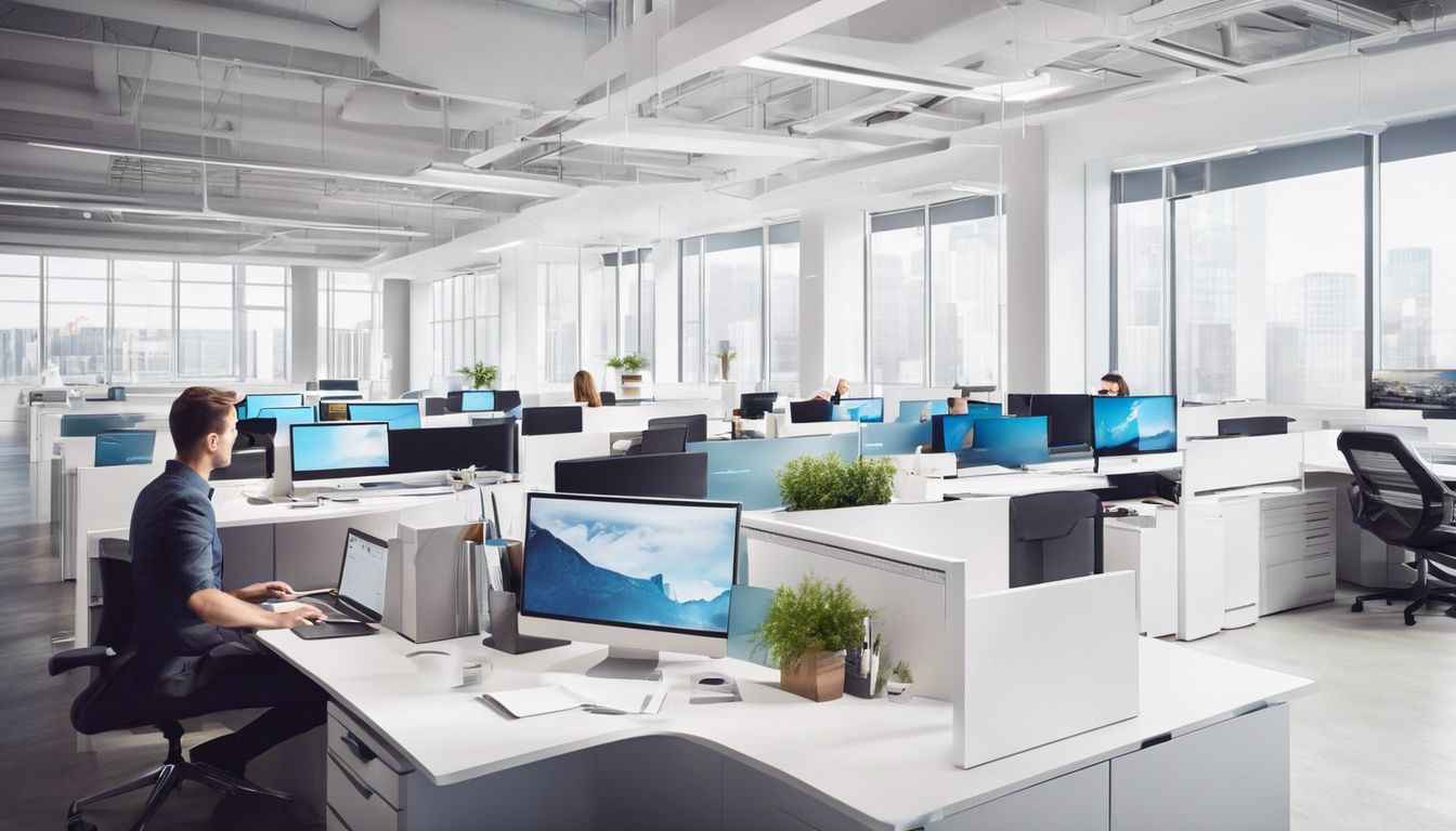 Een modern kantoor met georganiseerde papierwerk en geavanceerde digitale systemen.