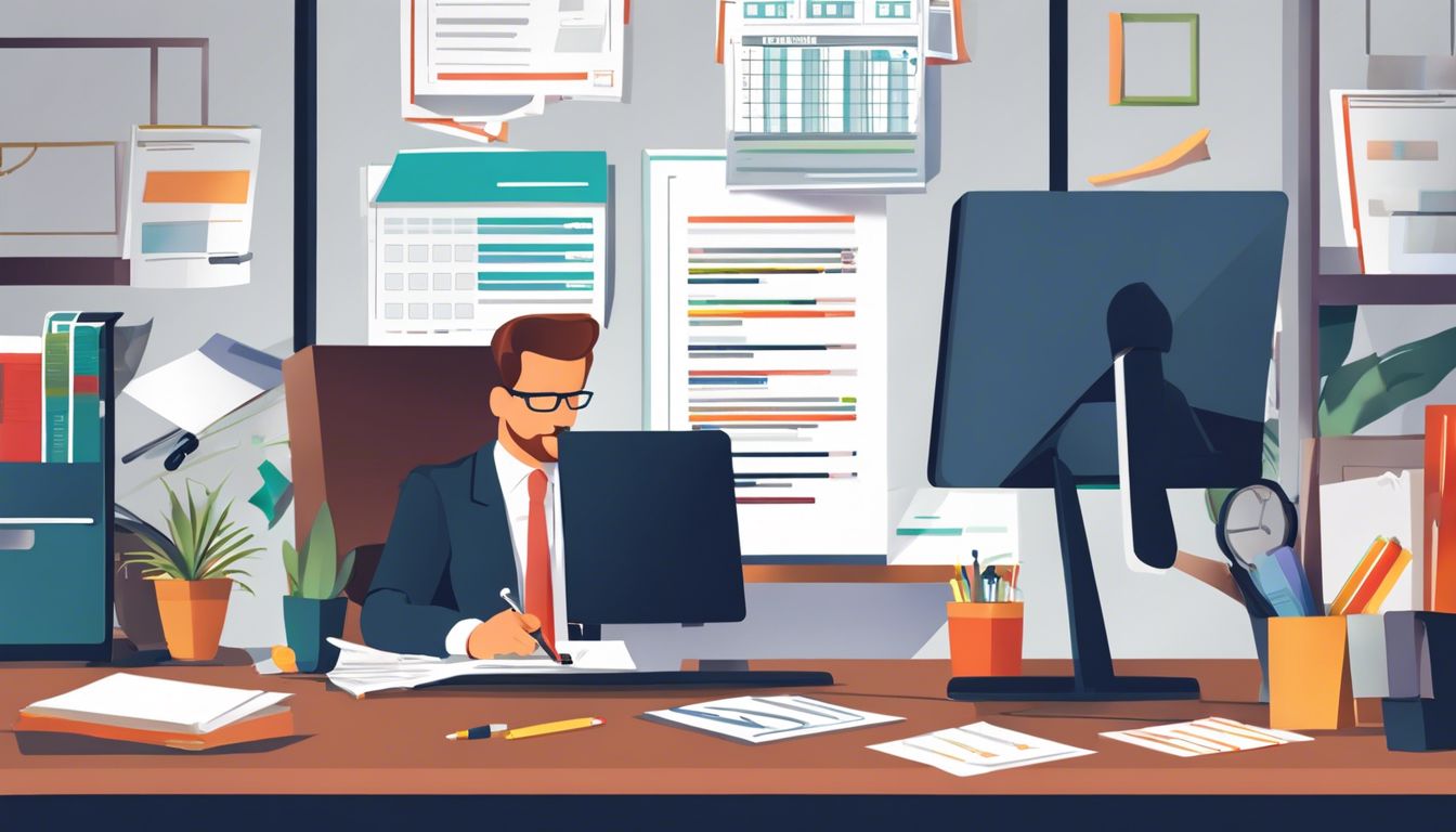 Een kantoor medewerker controleert zijn salarisstrook in een moderne kantooromgeving.