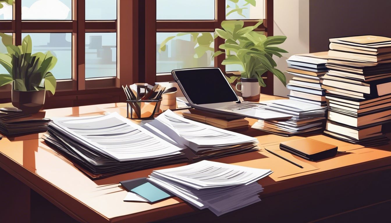 Een stapel creditfacturen op georganiseerd bureau met boekhoudboeken.