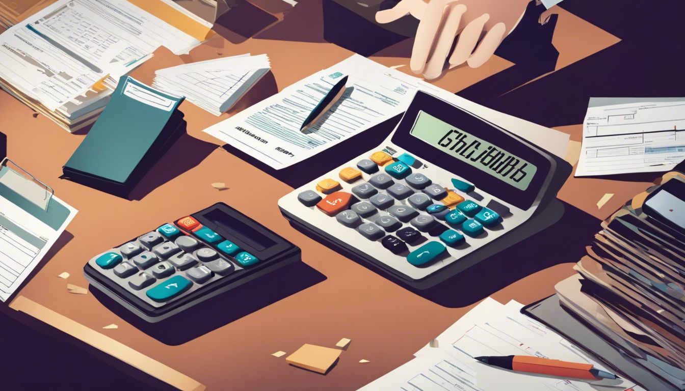 Een stressvolle kantooromgeving met een calculator en loonstrook op een rommelig bureau.