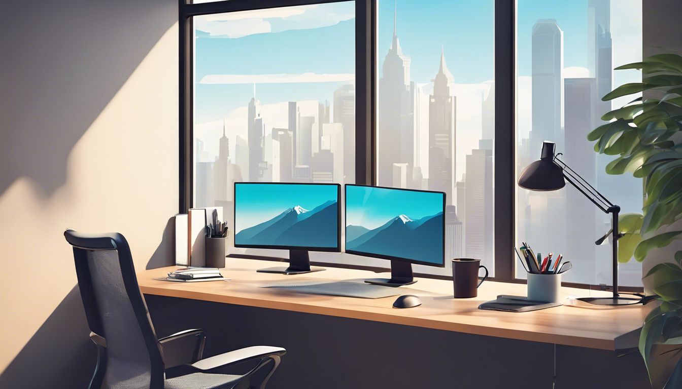 Een moderne kantoorwerkplek met computer, notebook en stad uitzicht.