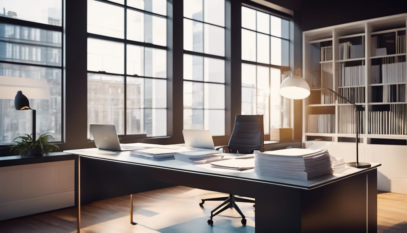 Een goed georganiseerd bureau met opgeruimde bonnen en facturen in een modern kantoor.
