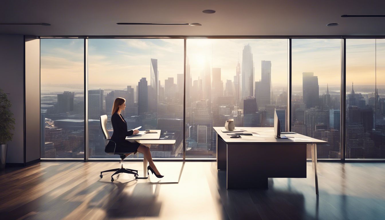 Een zakenvrouw bestudeert financiële rapporten in een modern kantoor met stadsgezicht.