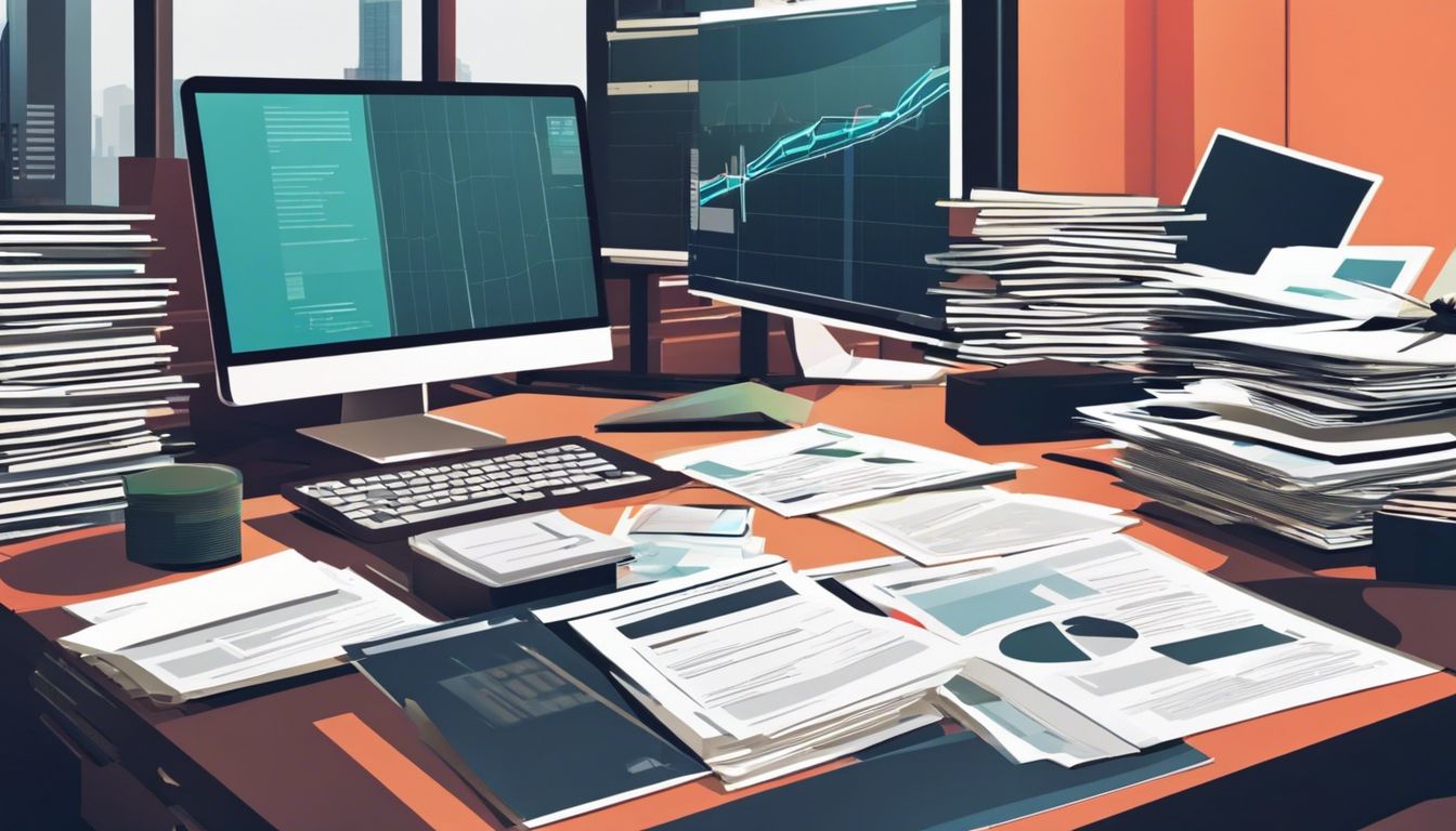 Een stapel financiële documenten op een kantoorbureau met computers en stadsfoto's.