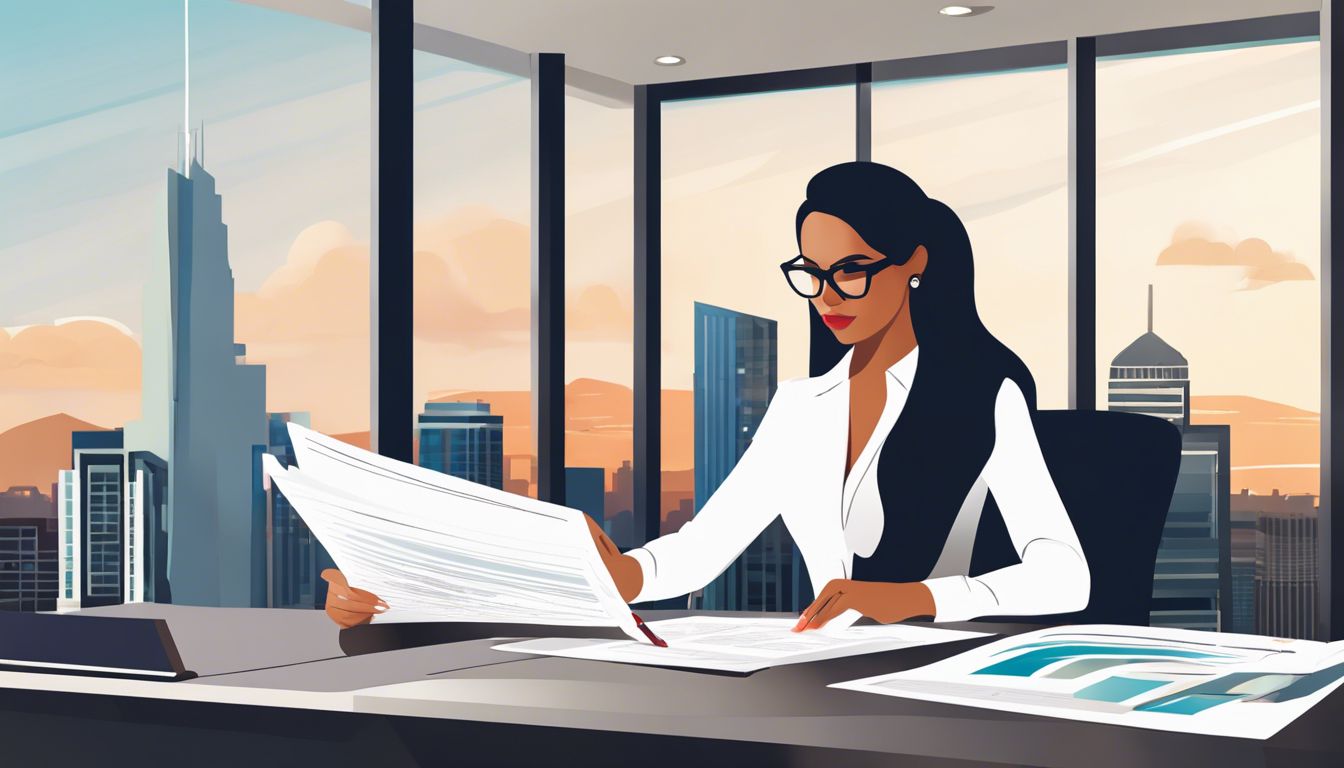 Een zelfverzekerde zakenvrouw bespreekt financiële documenten in een modern kantoor.