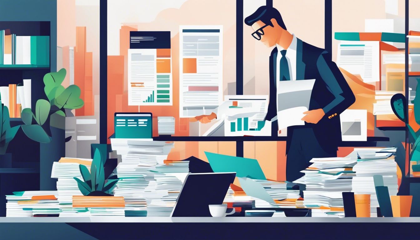Een ondernemer organiseert financiële documenten in een kantooromgeving.