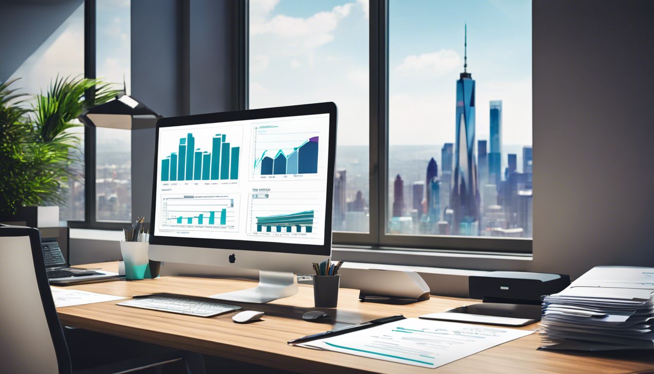Een modern kantoor met financiële documenten en grafieken op een bureau.
