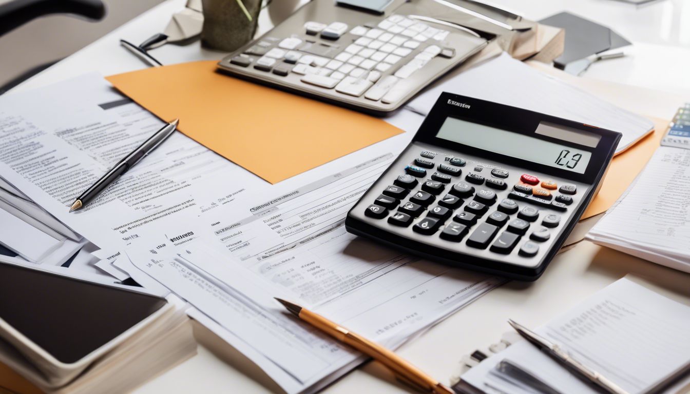 Een stapel financiële dossiers met rekenmachine op een bureau.