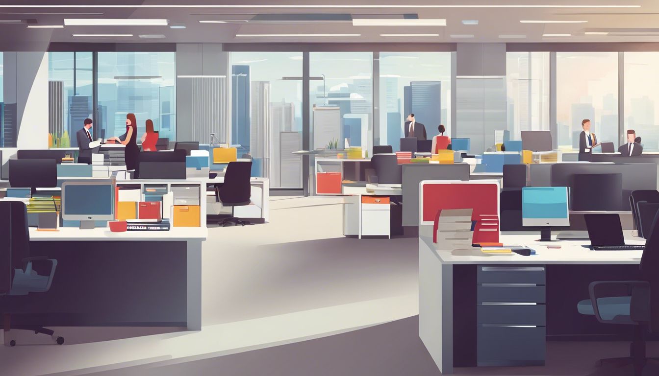 Een perfect georganiseerde en gelabelde archiefkast in een zakelijk kantoor met drukke werknemers en bedrijvigheid eromheen, wat efficiëntie en productiviteit op de werkplek overbrengt.