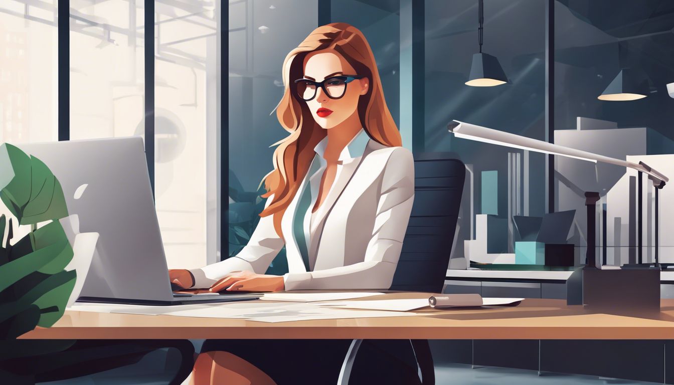 Vrouwelijke ondernemer analyseert financiële gegevens in modern kantoor.