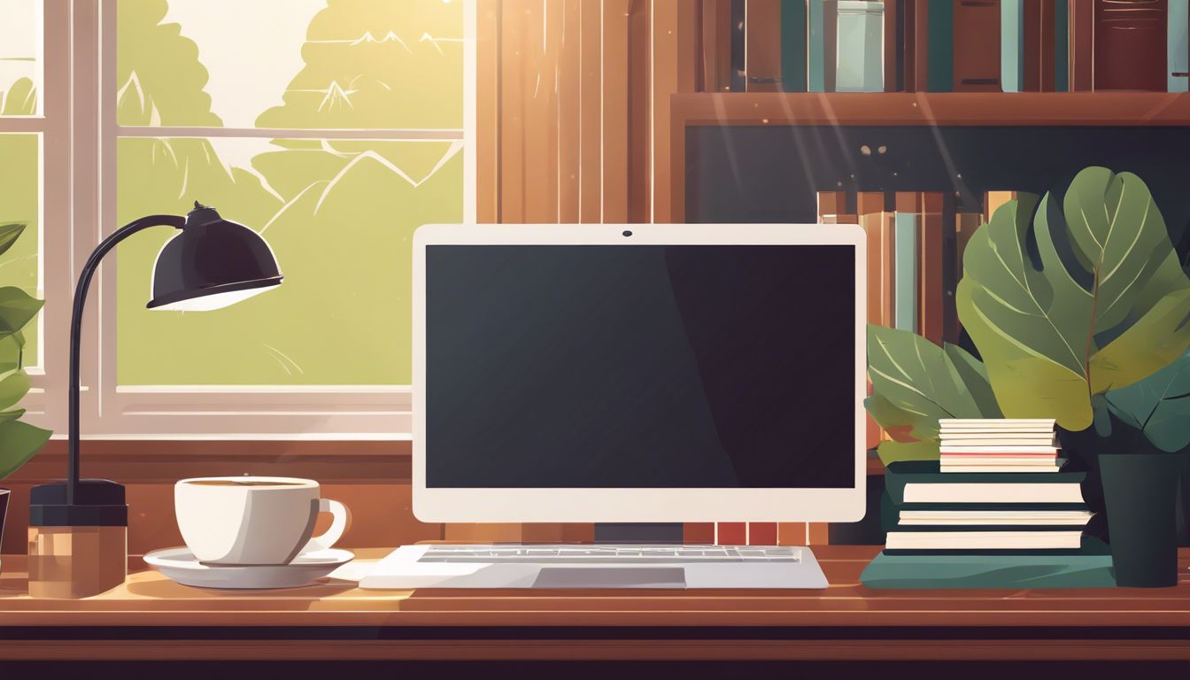 Een gezellig thuiskantoor met laptop, boeken en koffie in natuurlijke omgeving.