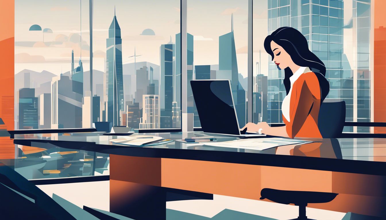 Een zakenvrouw analyseert financiële documenten in een modern kantoor.
