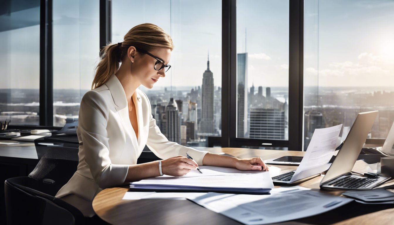 Een zakenvrouw bekijkt financiële documenten in een modern kantoor.