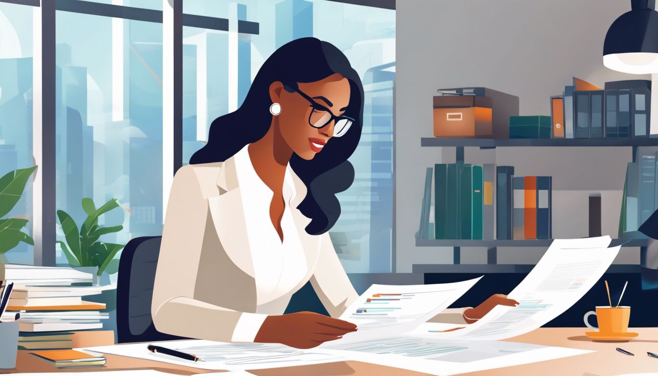 Een vrouwelijke zakelijke professional bekijkt financiële documenten aan een modern bureau in een licht kantoor.