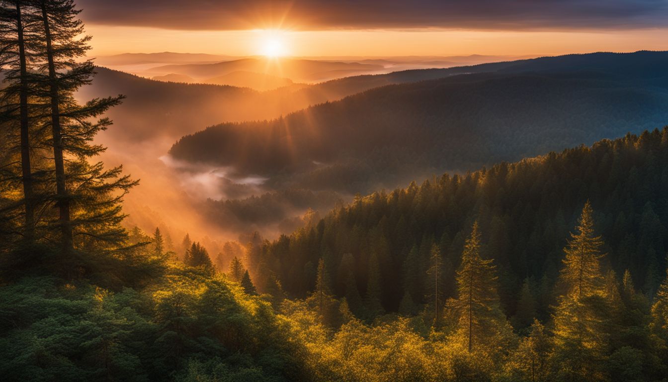 A stunning sunset over a peaceful forest captured in high resolution.
