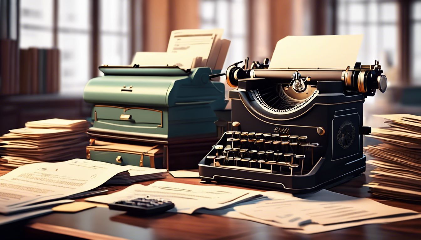 Een klassieke typemachine omringd door stapels financiële documenten in een vintage kantoorsetting.