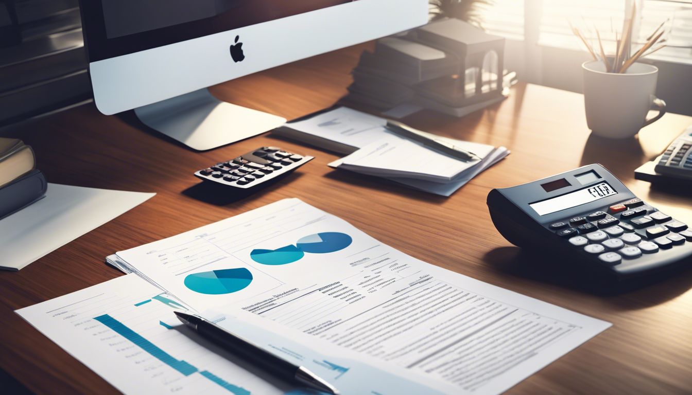 Een stapel financiële documenten en een rekenmachine op een netjes georganiseerd bureau in een modern kantoor.