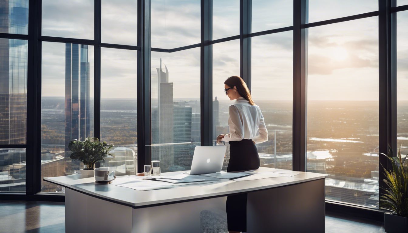 Een vrouwelijke ondernemer bestudeert financiële documenten in een modern kantoor.