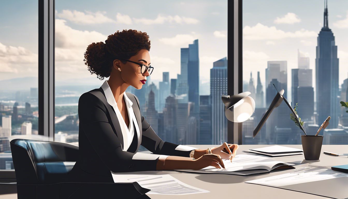 Een professionele vrouw die financiële documenten controleert in een modern kantoor.