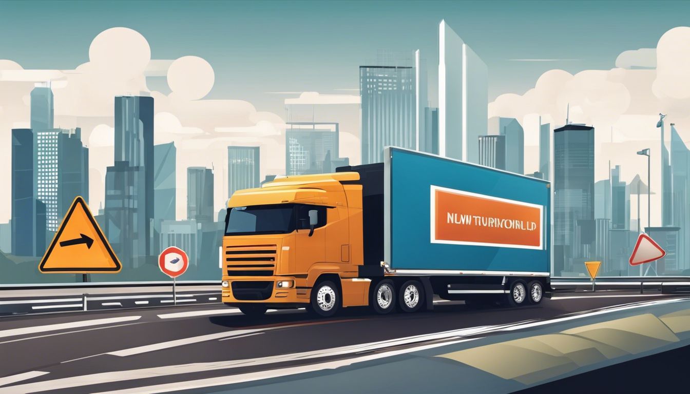 Een vrachtwagen rijdt op hoge snelheid op de snelweg met stadsgezicht op de achtergrond.