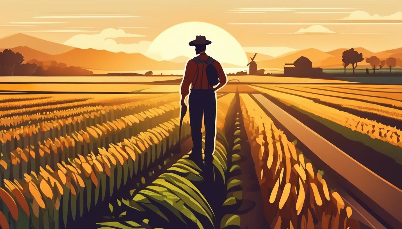 Een boer inspecteert zijn duurzame gewassen op een uitgestrekt landbouwveld.
