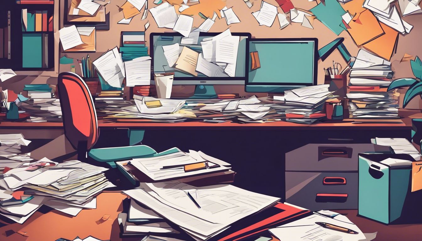 Een rommelig bureau met verspreide papieren en bestanden, benadrukkend chaos en wanorde.