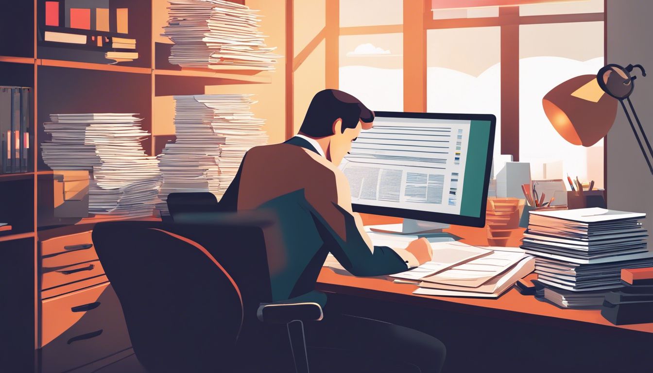 Een professional zit aan een bureau en bekijkt papierwerk in een georganiseerde kantooromgeving.
