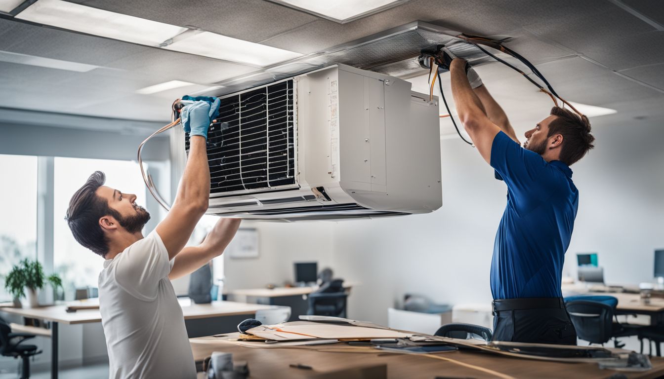 A technician repairing a ducted air conditioner in a modern office.
