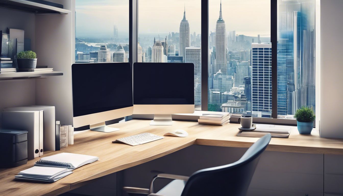 Een opgeruimd bureau met computer, bestanden en kantoorbenodigdheden in een moderne kantooromgeving.