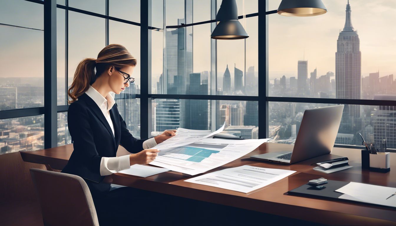 Een vrouwelijke professional onderzoekt financiële documenten in een modern kantoor.