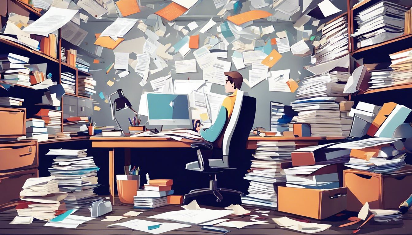 Een overweldigde zakenman zit aan een rommelig bureau met papierwerk.