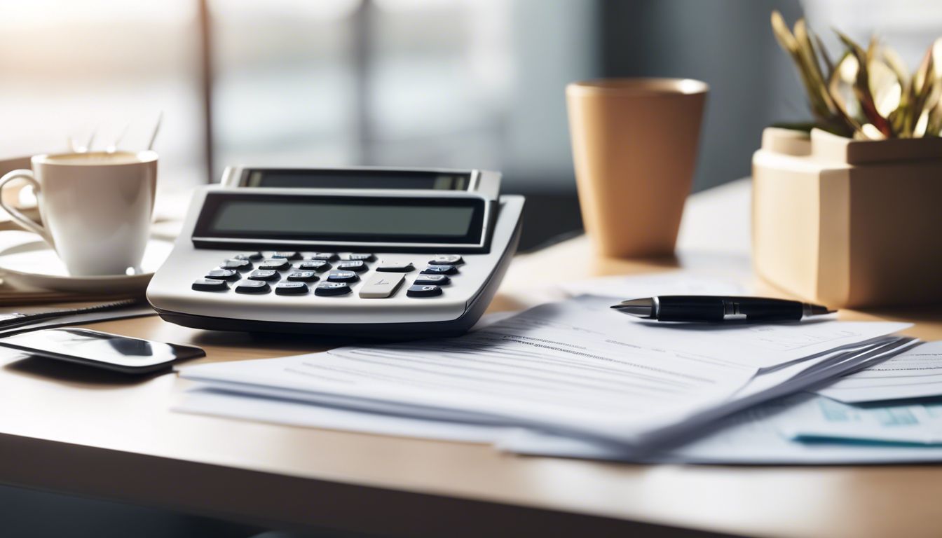 Een stapel georganiseerde financiële documenten op een bureau met een rekenmachine en laptop.