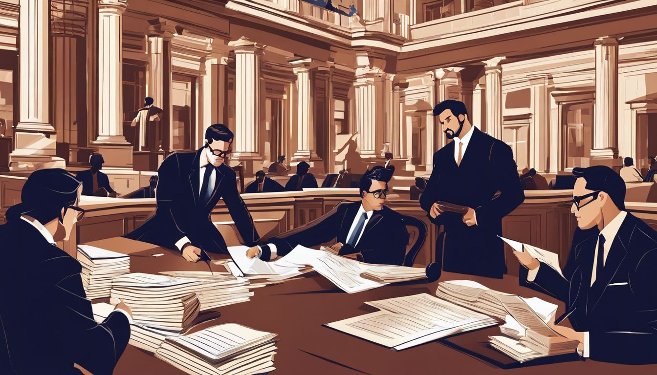 Een groep advocaten bespreekt contracten in een gerechtsgebouw te midden van een drukke stad.