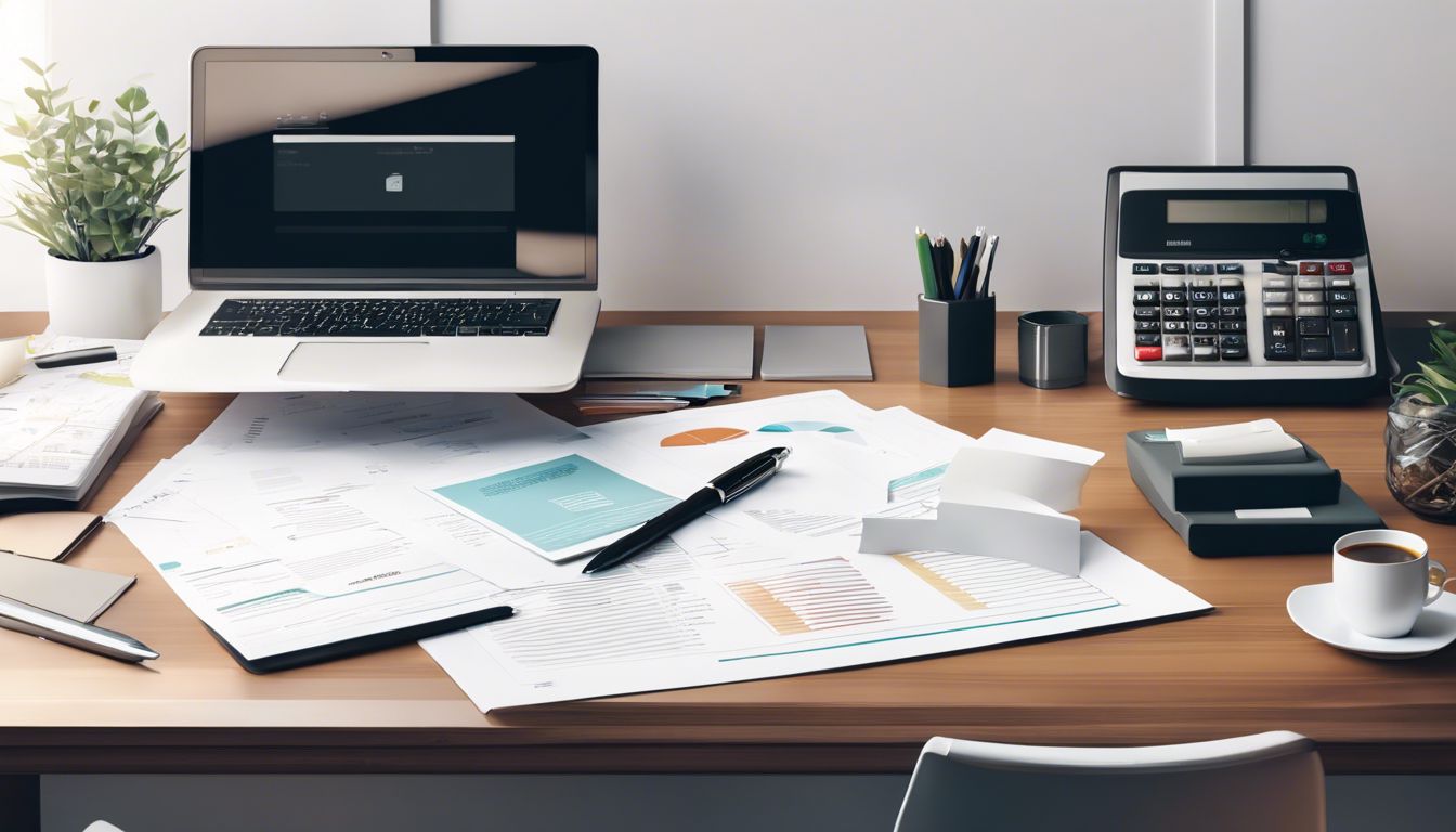 Een opgeruimd bureau met financiële papieren, een rekenmachine en een pen, benadrukt organisatie en productiviteit.