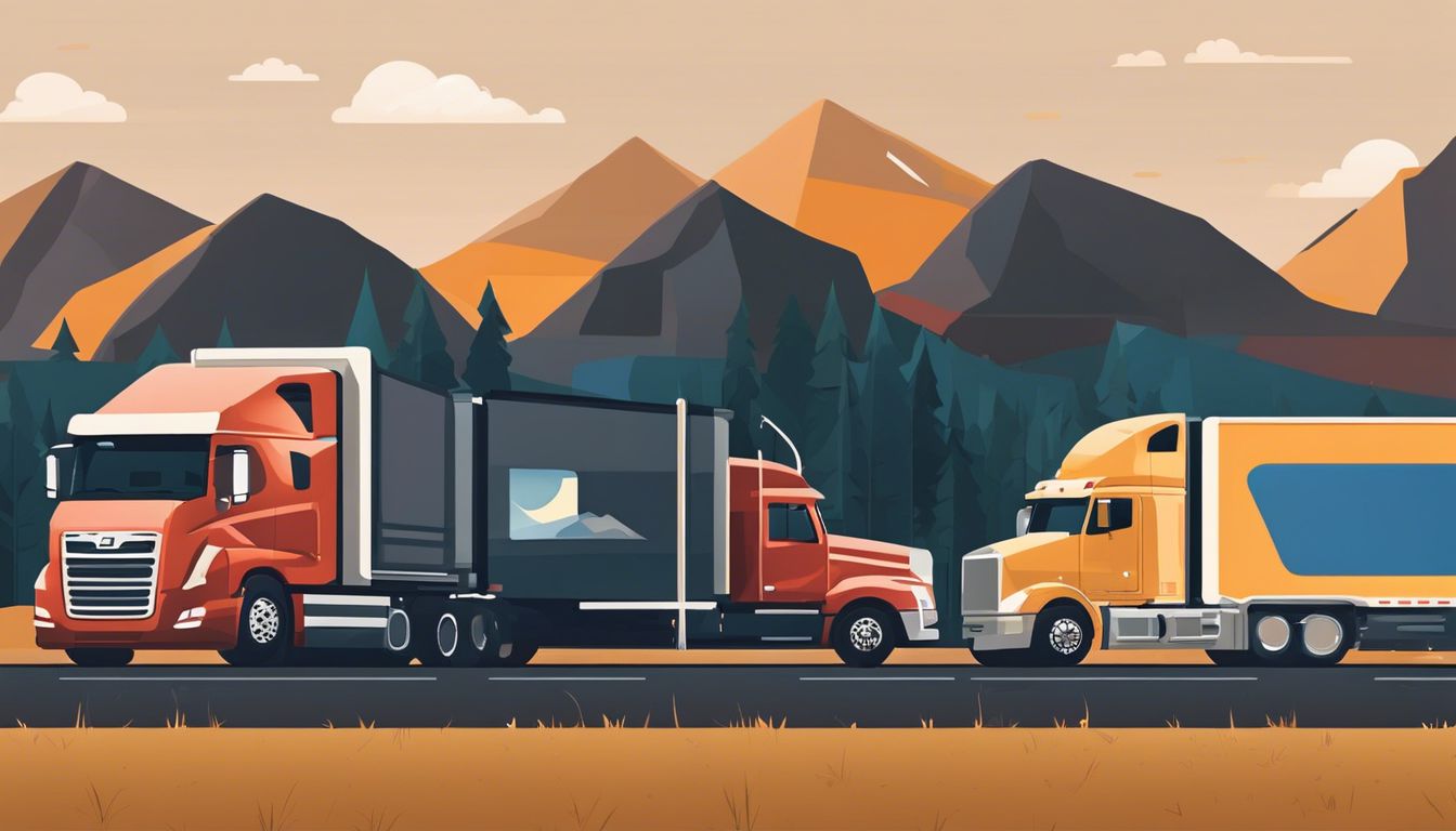 Een rij vrachtwagens op een rustplaats langs de snelweg.