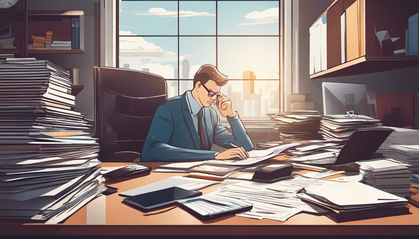 Een persoon organiseert financiële documenten op een rommelig bureau met een computer.