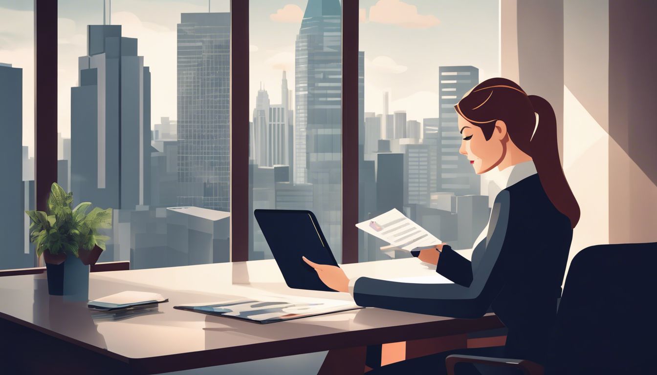 Een zakenvrouw beheert financiën op een tablet in een modern kantoor.