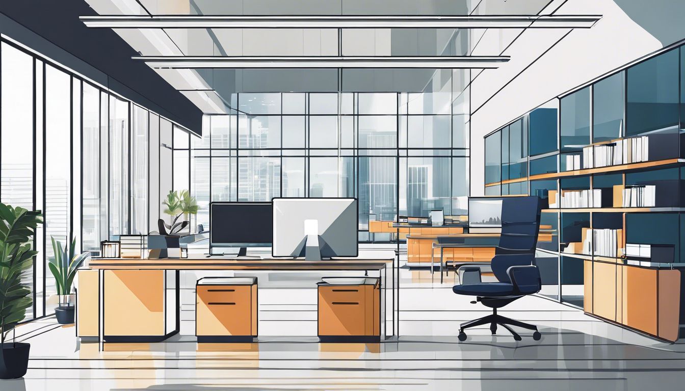 Een administratief assistent organiseert inkooporders in een modern kantoor.