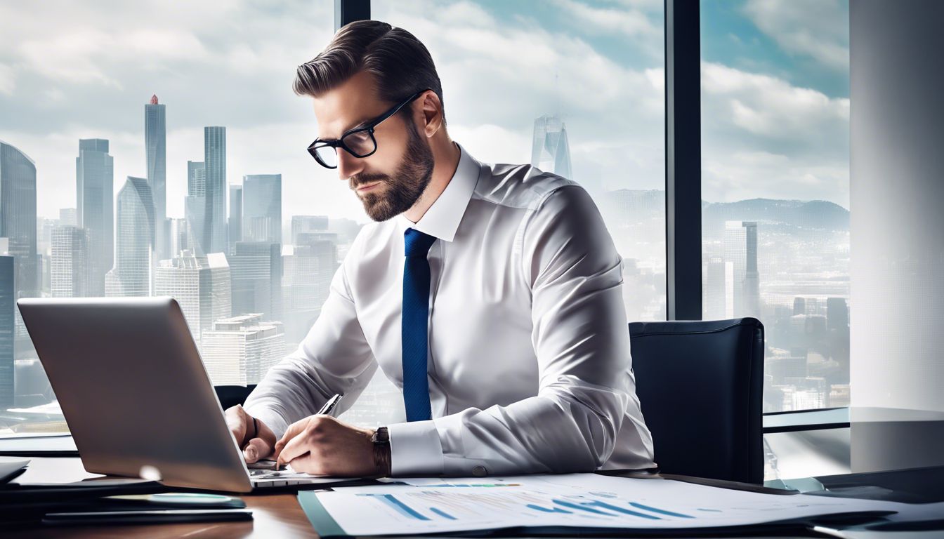 Een goed geklede accountant analyseert financiële documenten in een moderne kantooromgeving.
