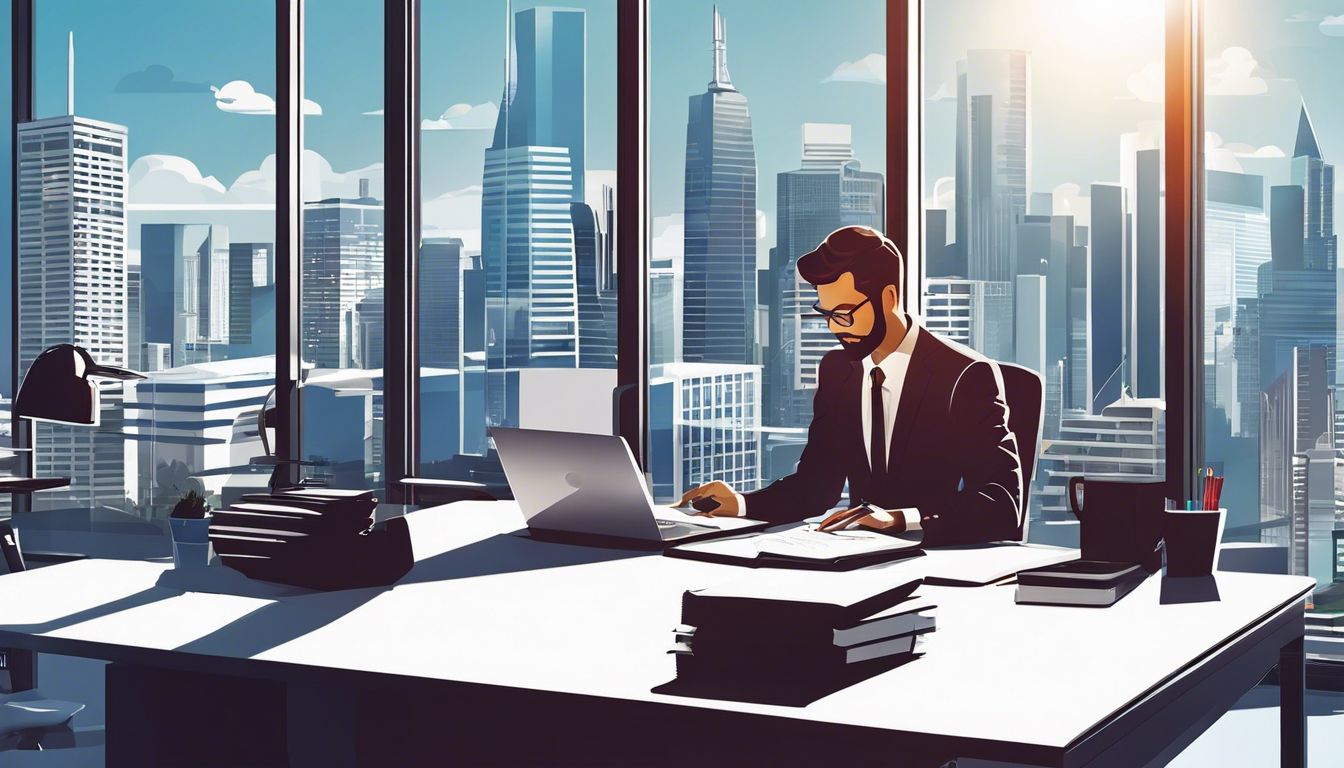 Een ondernemer bestudeert financiële documenten in een modern kantoor.