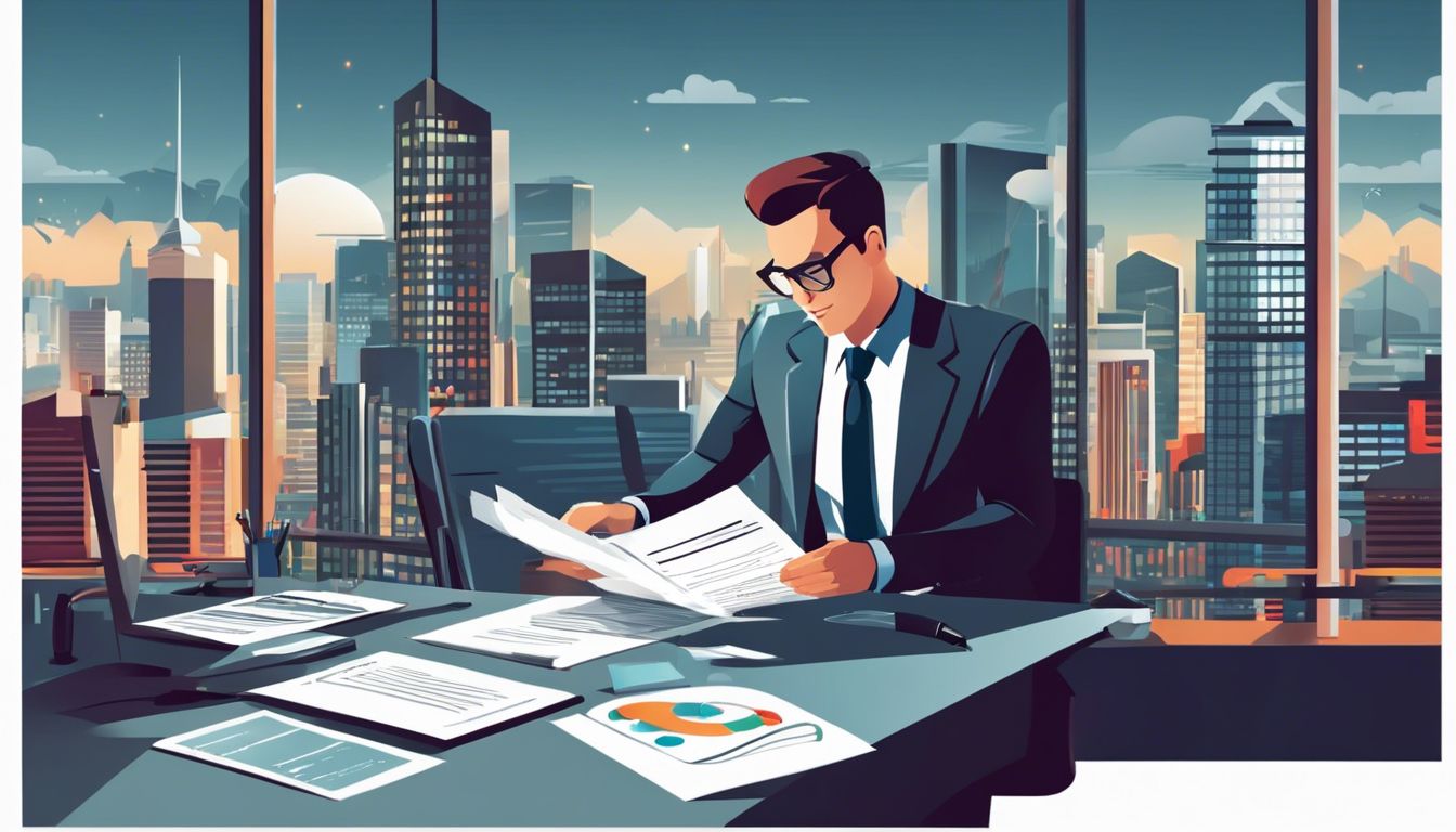 Een accountant bestudeert financiële documenten in een modern kantoor met stadsgezicht.