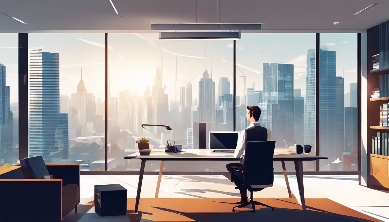 Een zakenman bestudeert financiële rapporten in een modern kantoor met uitzicht op de stad.