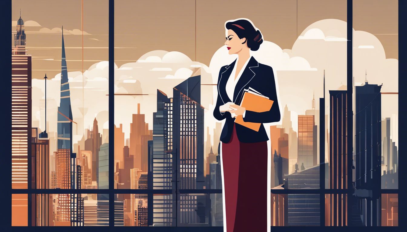 Een zakenvrouw in modern en vintage stadsgezicht, houdt financiële rapporten.
